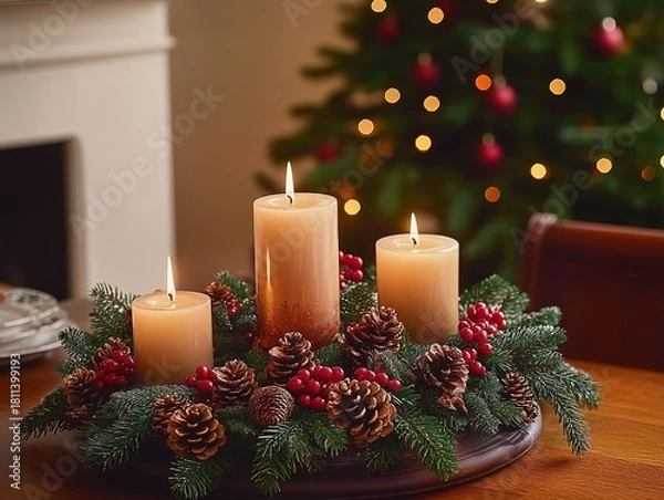 Obraz Christmas table centerpiece with candles, evergreen branches, red berries, and pine cones, Christmas tree in background with warm natural lighting, high-resolution photograph.