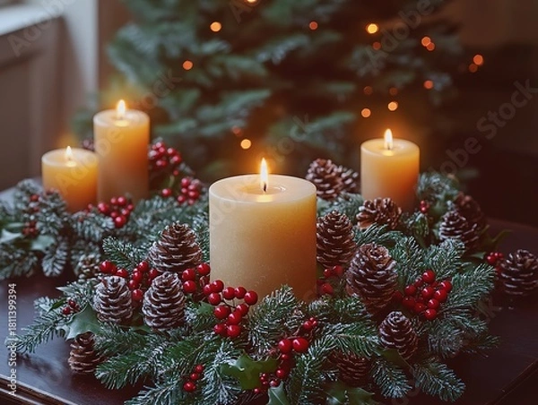 Fototapeta Christmas table centerpiece with burning candles, decorated with evergreen branches, red berries and pine cones, decorated Christmas tree in background with warm natural lighting