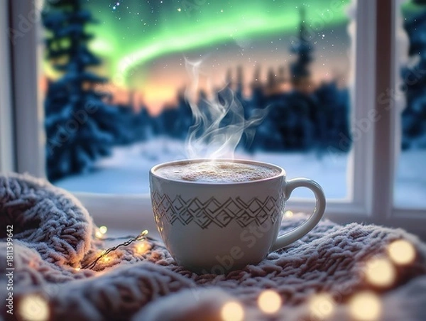 Fototapeta Steaming hot cocoa with frothy top in elegant white mug against snow-covered landscape and northern lights viewed through window with stars