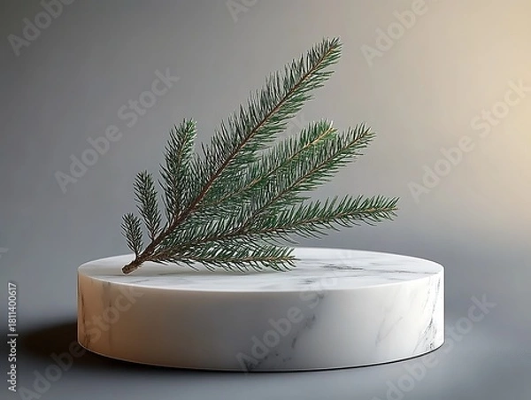 Fototapeta Minimalist gray product photography background featuring white marble pedestal and pine branch highlight, high resolution for commercial design and digital projects.
