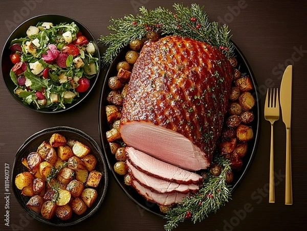 Fototapeta Christmas holiday roasted ham dinner with golden cutlery, roasted potatoes and fresh vegetable salad, top view composition on elegant brown background for commercial use.