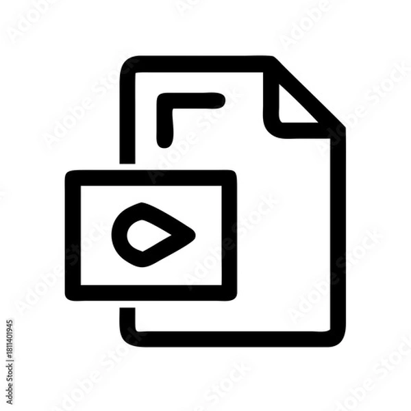 Fototapeta Black line art icon representing a document with a video play button overlay in simple style format