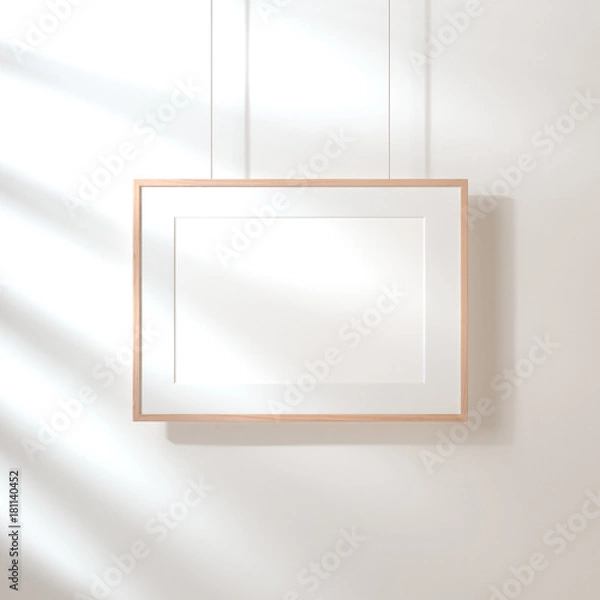Fototapeta Horizontal poster with wooden frame mockup hanging on the wall with shadows, 3d rendering