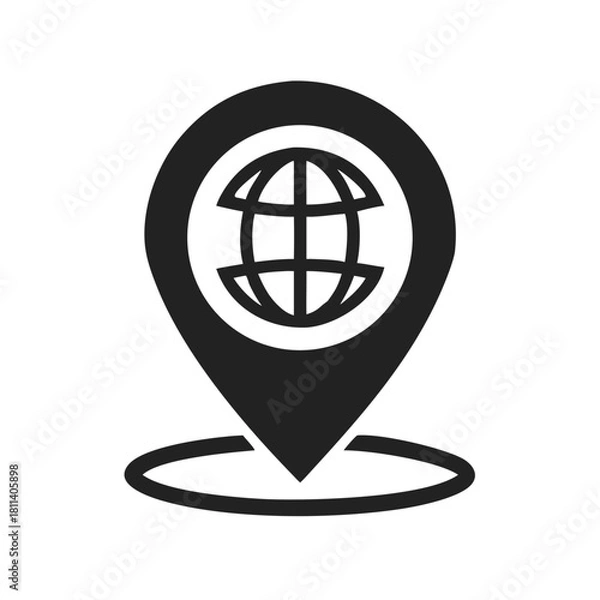 Fototapeta Black location pin with a globe inside indicating global positioning and worldwide connectivity concepts