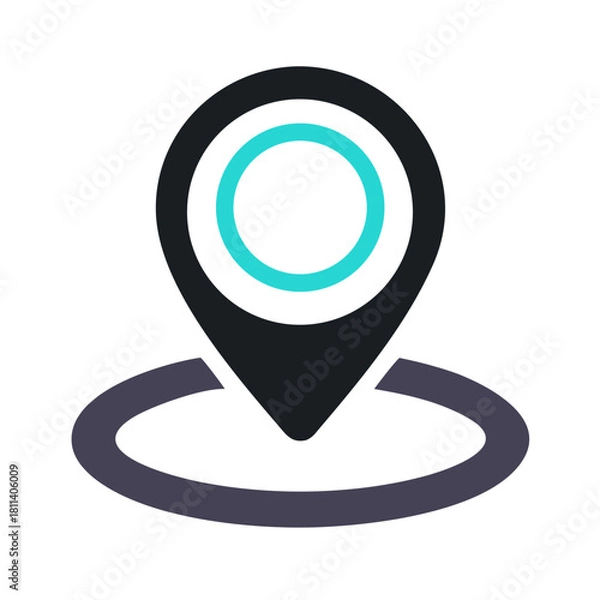 Fototapeta Illustration of a black location pin with a turquoise circle and a gray circular base marking area