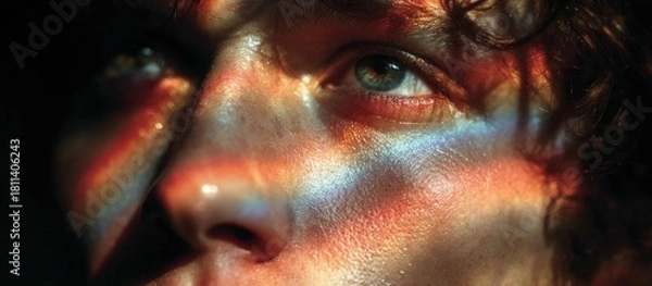 Fototapeta Close-up of a face, with rainbow light illuminating an eye