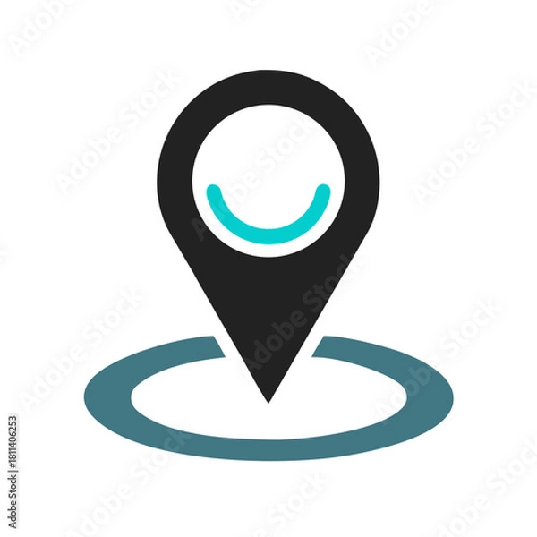 Fototapeta A simple black location pin with a turquoise smile inside and a turquoise circle underneath it