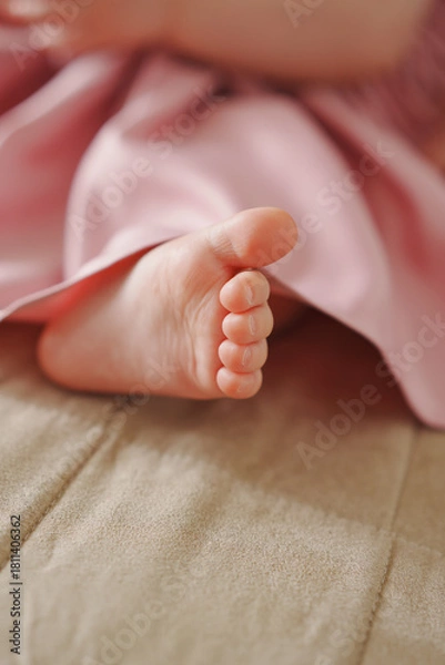 Fototapeta Baby foot resting on soft fabric in a cozy setting