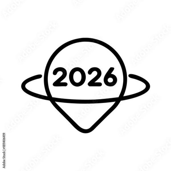 Fototapeta An outline of a location pin with a ring around it and the year two thousand twenty six inside it