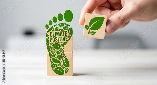 Fototapeta Hand placing a wooden block with a leaf symbol next to a footprint with the words climate positive on a white surface