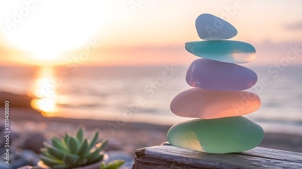 Fototapeta Stacked Pastel Sea Glass Pebbles with Ocean Sunset and Succulent Close-Up