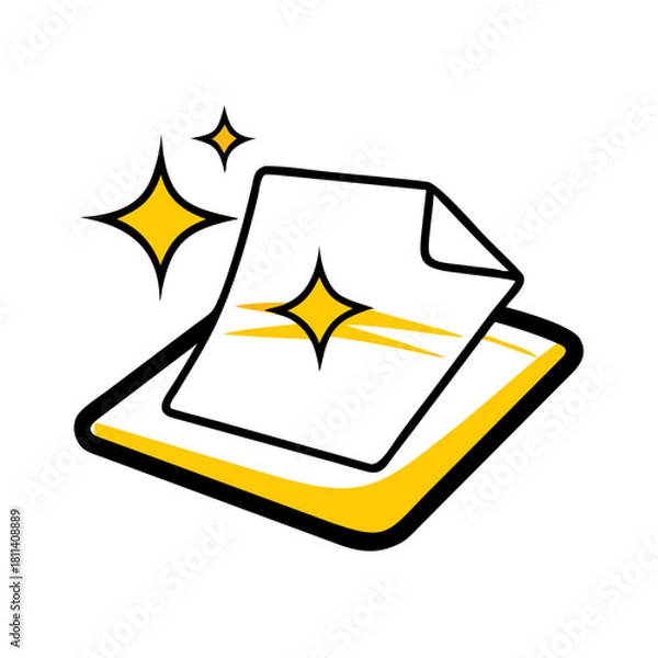 Fototapeta Stylized image of a stack of papers with a folded corner and shining stars around the documents