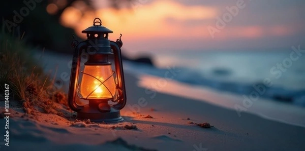 Fototapeta Antique lanterns softly illuminate sandy beach as day fades , holiday, dusk, old