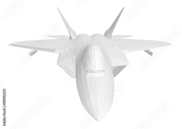 Fototapeta Low poly fighter jet in white with sleek aerodynamic design, pointed nose, curved wings, and upward tail. Combat aircraft isolated on solid white background.