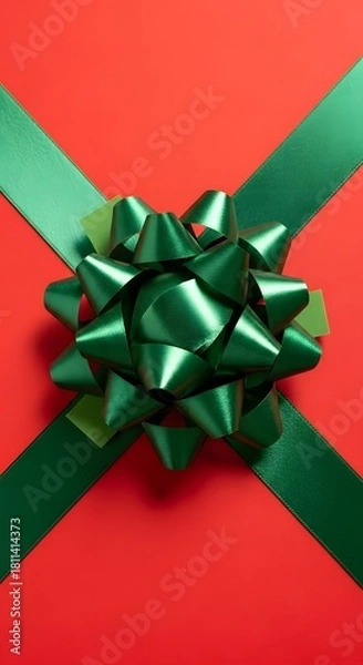 Fototapeta A vibrant green holiday bow sits diagonally on a rich red background, tied with matching ribbons. High-angle photo for Christmas, gift, celebration, and sale.