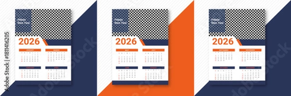 Obraz Modern 2026 wall calendar design template with geometric shapes, blue and orange accents for new year Vector