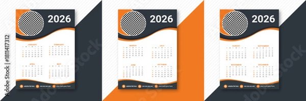 Fototapeta Modern 2026 corporate calendar template with abstract orange and dark grey wavy design and photo placeholder Vector