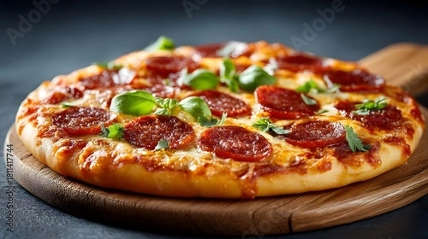 Fototapeta Pepperoni pizza with basil leaves on top. The pizza is sitting on a wooden board. The pizza is very large and has a lot of pepperoni on it