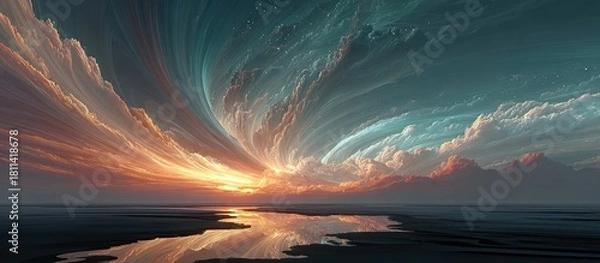 Obraz A vibrant sunset casts light on water, creating a reflection of swirling clouds