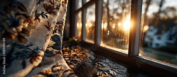 Obraz Sunlight streams through a window, illuminating a patterned curtain and a ledge