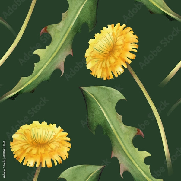 Fototapeta Seamless pattern with yellow dandelions. Watercolor illustration with wildflowers and green leaves on a dark green background. Botanical background for wallpaper, textiles, printing, tableware.