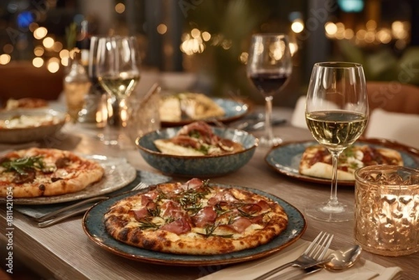 Fototapeta Table with a variety of food and drinks, including pizza, wine, and a fork. The atmosphere is casual and inviting, with the table set for a meal