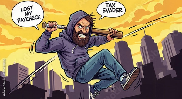 Fototapeta Angry man in hoodie jumping with baseball bat in urban setting, No Shave November, comic-like caricature 