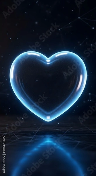 Fototapeta A glowing blue transparent heart hovers over a dark, networked surface. 3D render for love, data, connection, technology, and digital security.