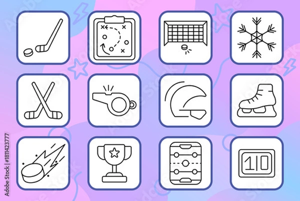 Obraz Hockey set icon. Stick, puck, helmet, whistle, trophy, rink, strategy, scoreboard, skate, snowflake. Winter, sport, ice, team, competition.