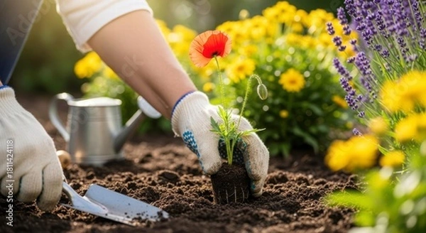 Obraz Cultivating Blooms: A focused close-up captures a gardener's hands meticulously planting a seedling amid a vibrant array of flowering plants, symbolizing care and the nurturing of life.