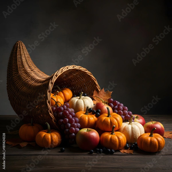 Fototapeta Woven Cornucopia Overflowing with Autumn Harvest