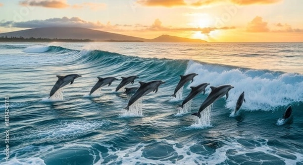 Obraz Ocean Symphony: A pod of dolphins leaps joyfully through the crashing waves under the radiant glow of a sunrise. It captures nature's beauty and the animals' freedom.