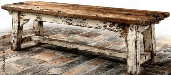 Fototapeta Weathered, wooden bench with peeling paint, set on a textured brick floor