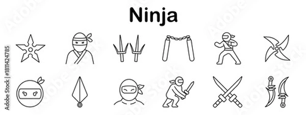 Fototapeta Ninja set icon. Throwing stars, masked ninja, sai blades, swords, nunchaku, martial poses, curved daggers, hooded face, hand weapons in outlined black icon set