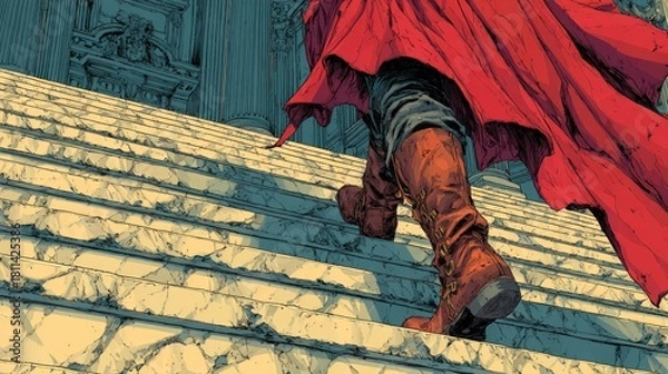 Fototapeta Person in red cloak ascending stone stairs to an ornate building