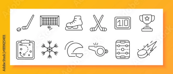 Obraz Hockey set icon. Stick, puck, skate, goal, whistle, snowflake, trophy, strategy board, scoreboard, helmet, match, sport, training, ice, cold, competition, game, rink, victory, referee