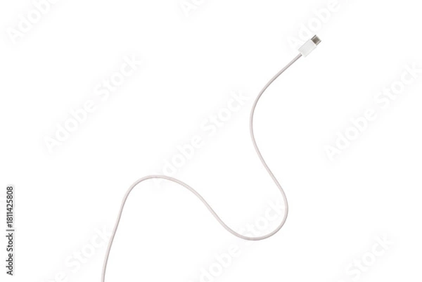 Fototapeta A white fabric-braided USB Type-C cable isolated on a transparent PNG. Ideal for concepts related to business technology, data transfer, connectivity and fast charging for modern devices.