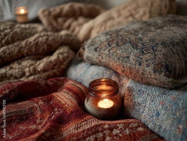 Fototapeta Cozy Winter Reading Nook with Warm Drink, Candlelight and Soft Knitted Textures