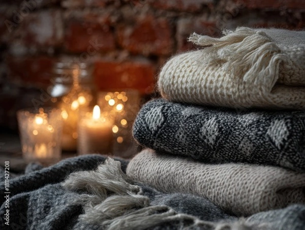 Fototapeta Cozy Winter Reading Nook with Warm Drink, Candlelight and Soft Knitted Textures
