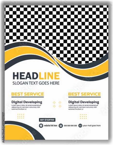 Fototapeta Modern business flyer template with abstract yellow and grey wave design, ideal for digital services and corporate promotion Vector