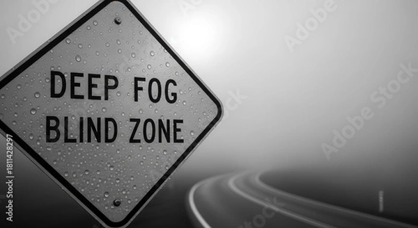 Fototapeta Deep Fog Warning Sign Against A Misty Road Illustrating Hazardous Driving Conditions