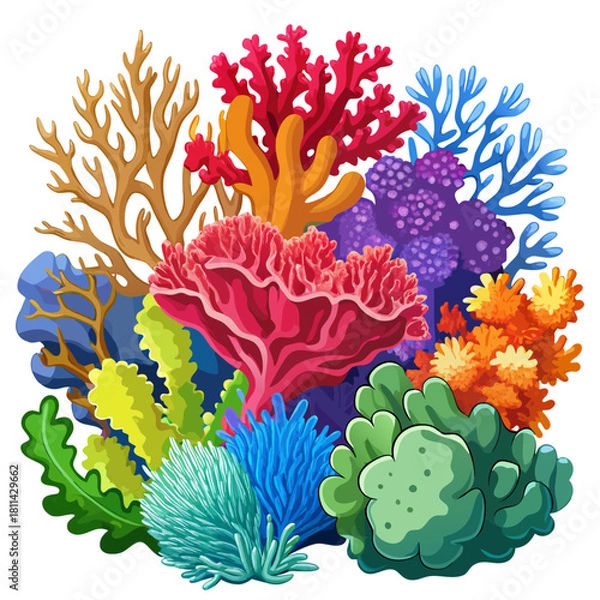 Fototapeta A vibrant colorful illustration of diverse underwater marine corals and aquatic plants. Isolated transparent background ( include cut-out PNG file ).