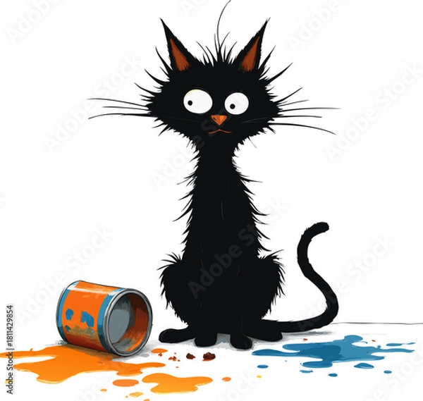 Fototapeta Lanky black cat next to tipped paint can spilled blue orange paint. Isolated transparent background ( include cut-out PNG file ).