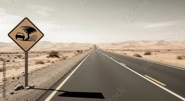 Fototapeta Desert Road Trip Under Threat Of Unexpected Environmental Event With Warning Sign