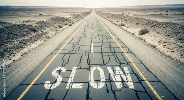 Fototapeta Desert Road With Cracked Pavement And The Word Slow Against A Bleak Horizon