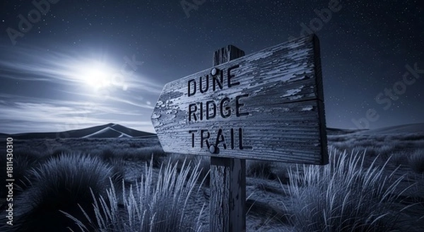 Fototapeta Desert Trail Sign Under a Glowing Moon and Starry Sky at Night Exploration