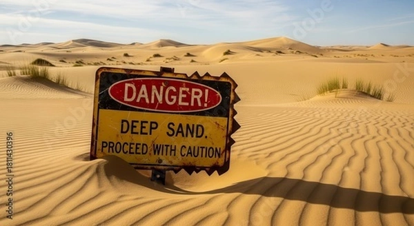 Fototapeta Desert Warning Sign: Deep Sand and Precautions for Navigating Uncharted Territories