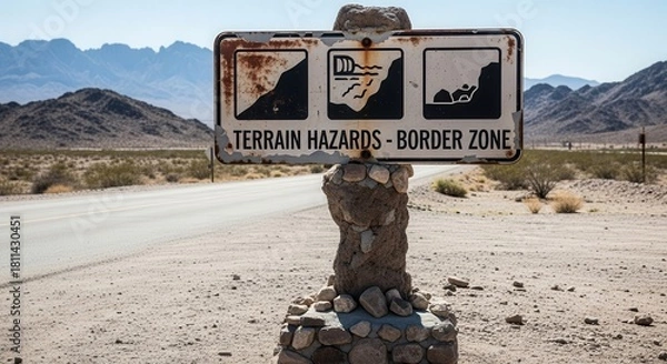 Fototapeta Desert Warning Sign Illustrating Terrain Hazards Along Border Zone With Mountains