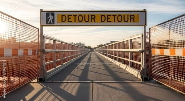 Fototapeta Detour Sign Across Walkway Suggesting Alternative Route and Roadwork Ahead Clearly Visible