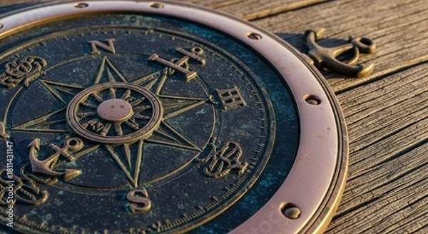 Fototapeta Detailed Navigation Compass, Nautical, Antique, Close-Up, on Wooden Surface Exploration Voyage